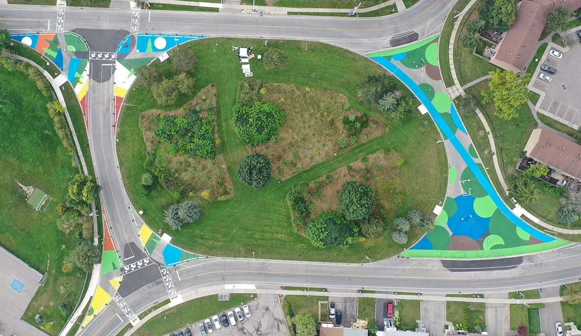 The Credit Woodlands Traffic Circle from Overhead
