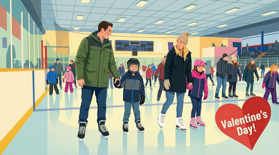 Family skating at indoor rink.