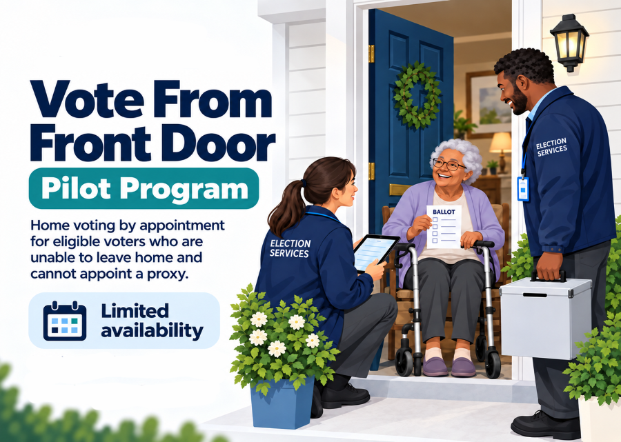 City Staff helping elderly lady vote at her door.